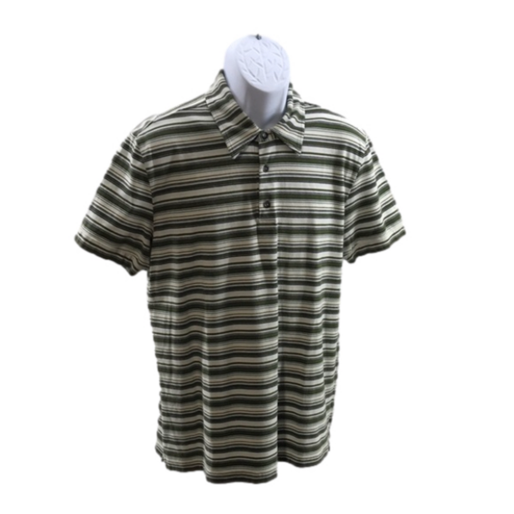 EXPRESS Men’s Green/Cream/Lt Blue/Black Striped Short Sleeve 3-Button Polo—Sz L